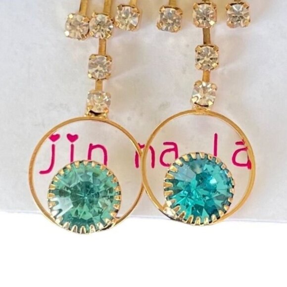 Dangling Gold-Plated Earrings w/Aqua and Clear Rhinestone Accents by Jin na la - Picture 3 of 7